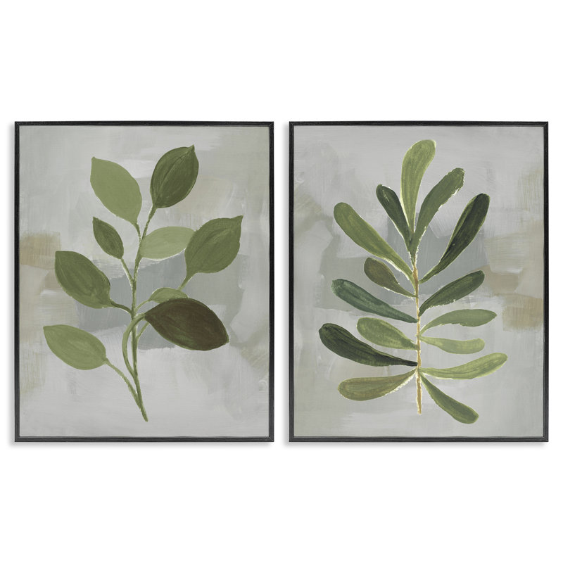 Ensemble de 2 giclées encadrées Green Leaf Branches on Grey, par Lanie Loreth, H 20 po x l 16 po, Giclée encadrée noir minuit