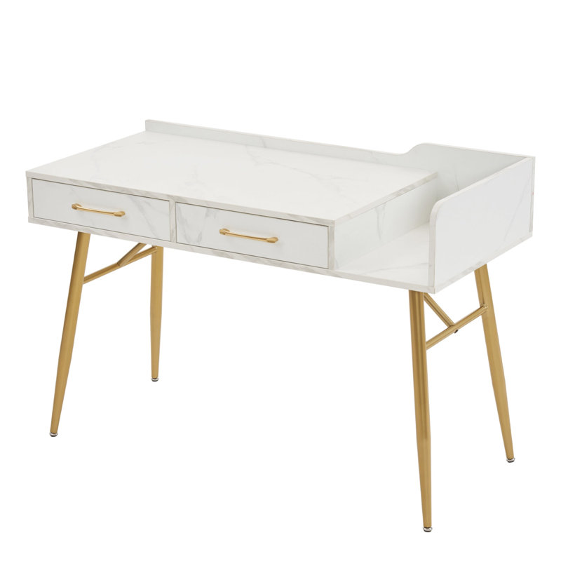 Bureau d'ordinateur avec rangement et 2 tiroirs Ladislava, Blanc / Doré