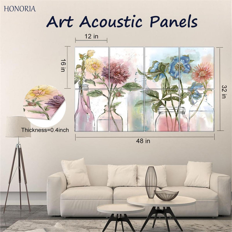 Ensemble de 8 panneaux muraux 48 "x 32" Peel & Stick, White Rainbow-Blossoms
