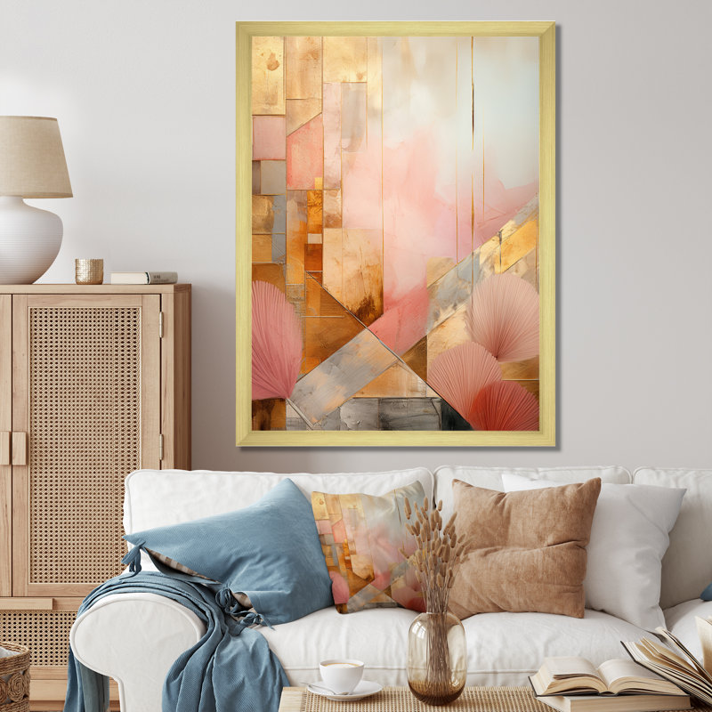 Décoration murale allure boho chic aquarelle rétro en or rose - cubisme abstrait, Cadre doré à une seule photo