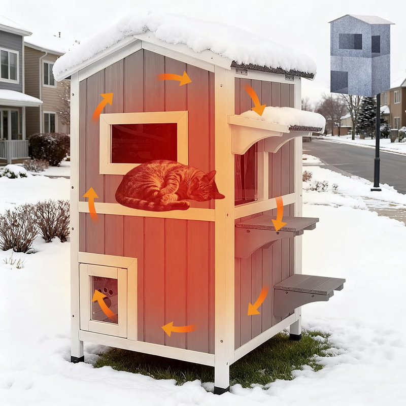 Insulated Outdoor Cat House, Weatherproof 2-Story Feral Shelter with Escape Doors, Grey