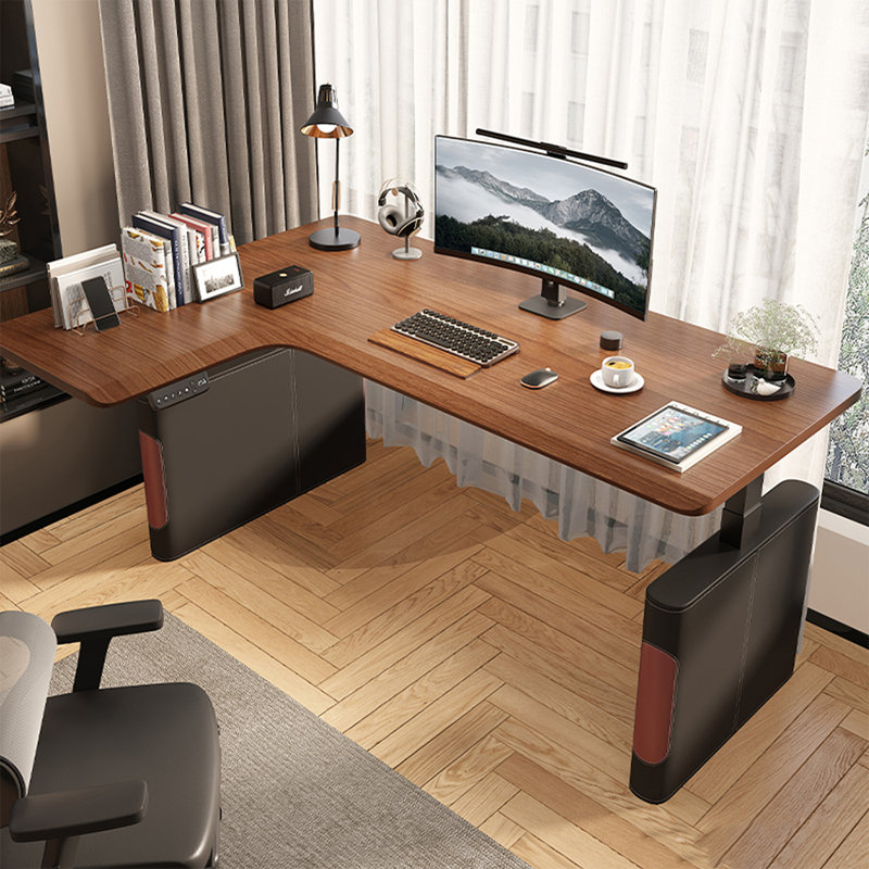 Bureau debout électrique en L à hauteur ajustable, bureau d'ordinateur d'angle pour bureau à domicile moderne avec plateau en grain de bois