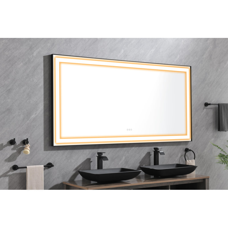 Miroir de salle de bain 72 po x 36 po x 1,5 po en aluminium avec cadre à DEL, noir mat