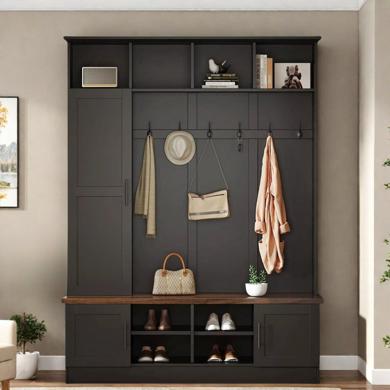 3-in-1 Hall Tree With 6 Hooks, Bench, Left Cabinet With Adjustable Shelves And Open Compartments, Black