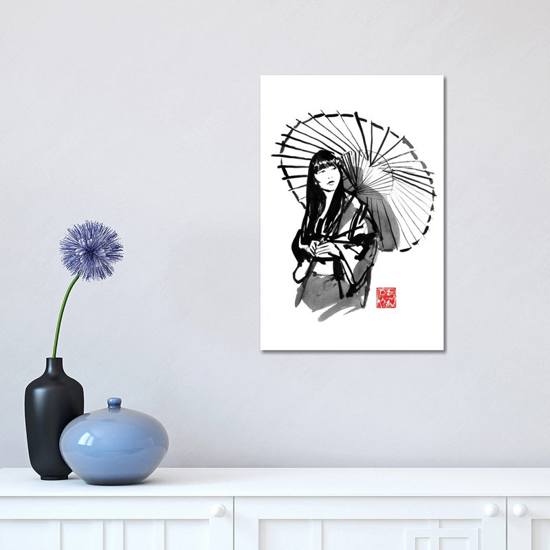 Umbrella's Geisha 1 Piece Painting on Canvas, 30.48 cm H x 45.72 cm W, Wrapped Canvas