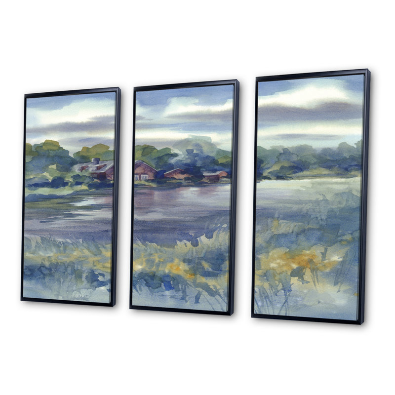 Paysage d'automne au bord de la rivière - ensemble d'art mural sur toile traditionnel encadré de 3, Cadre noir