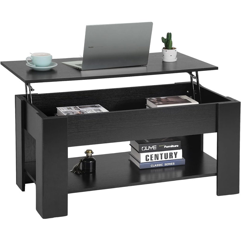 Lift Top Coffee Table With Hidden Storage Compartment And Lower Shelf - Sturdy Wooden Lift Tabletop With Hydraulic Lifter For Living Room