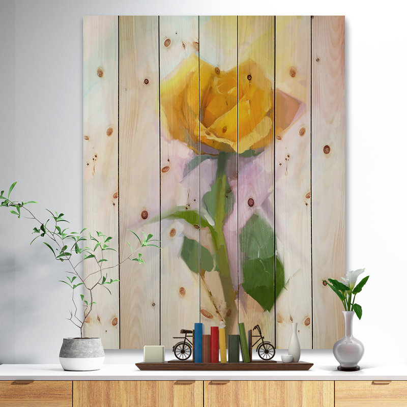 « rose avec feuilles vertes painting », peinture, H 40 po x l 30 po x P 1,5 po, Bois