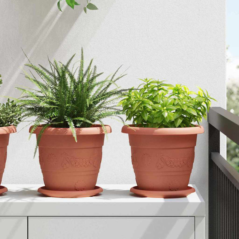 Round Flower Pot 6 Pcs Plastic, Brick Red, 18cm H x 22cm W x 22cm D