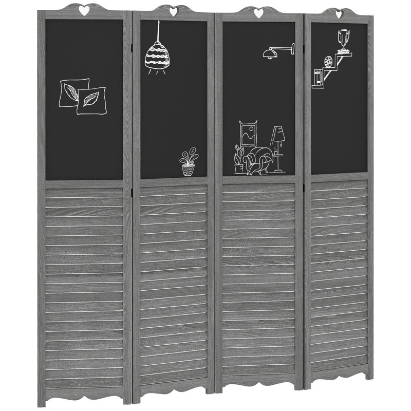 Paravent 4 panneaux pliables avec tableau noir, 5,5 pi, gris