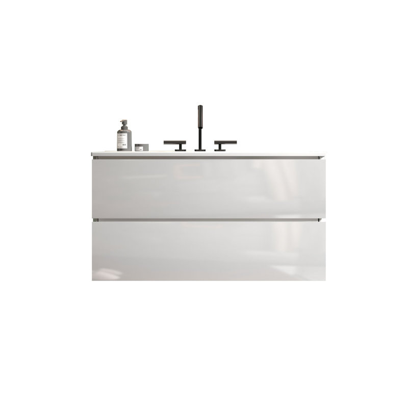 Meuble-lavabo mural avec lavabo en céramique et trois trous de robinet, Blanc