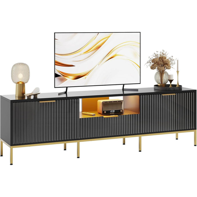 Fluted TV Stand, Glossy Media Console with Wave Pattern Buffet Cabinet, Black, 54cm H x 178cm W x 35cm D