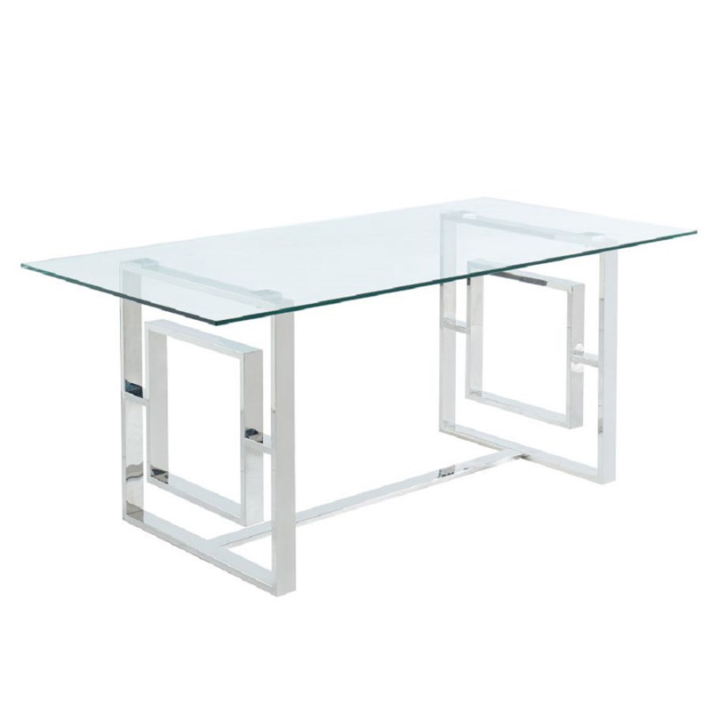 Glass Top Metal Base Dining Table, 29.5'' H x 35.5'' W x 71'' L, Silver