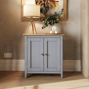 Daris 2 Door Compact Sideboard Buffet Storage Cabinet. 65cm Wide. Solid Oak Top. Polished Chrome Handles.