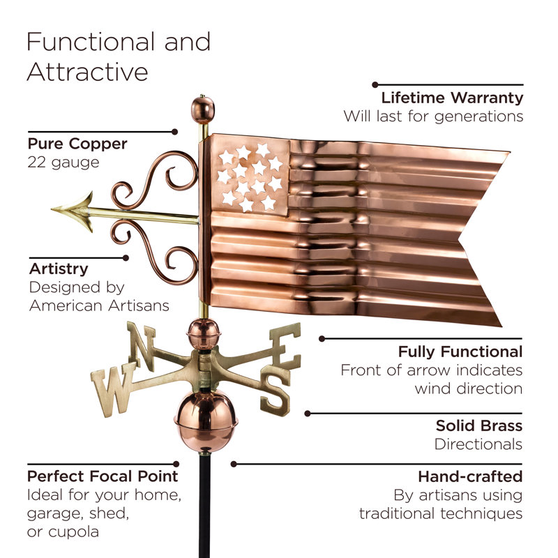 Patriotic Polished Copper American Flag Weathervane, 33" Height