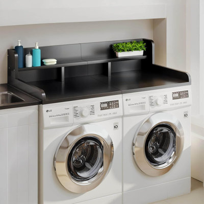 Comptoir de laveuse-sécheuse à 2 niveaux, rangement au-dessus de la laveuse et de la sécheuse avec rails de bordure de H 3,35 po, tablette de salle de lavage l 54 po x P 27,5 po, tablettes d'organisation en bois avec coussin antidérapant (noir)