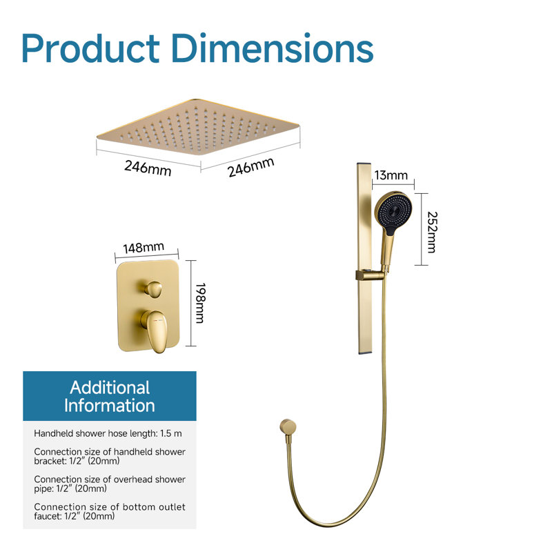 Système de douche encastré en or brossé 0ontZ avec barre coulissante, ensemble de douche murale en laiton massif à 2 fonctions, douche de pluie carrée à haute pression et douche à main ronde à 4 modes, ensemble de garniture de mélangeur d'eau chaude et froide à deux poignées pour la salle de bain