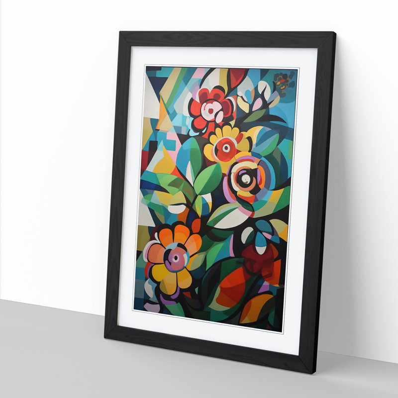 FRM-V0523-881X Flowers Constructivism Painting Vol.1 - Picture Frame Print, 64cm H x 46cm W, Black Framed