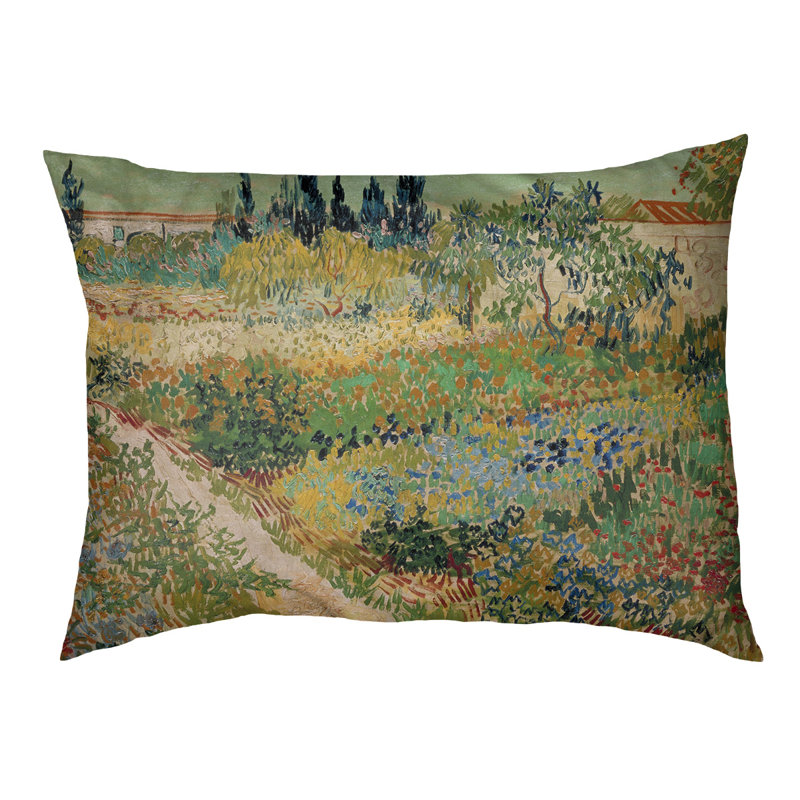 Coussin stylisé bluhender garten mit pfad Burk, Grand (L 52 po x l 42 po), Vert / rouge / orange