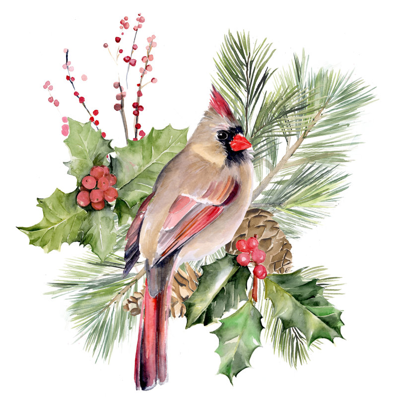 Cardinal Holly Christmas II by Jennifer Paxton Parker - Wrapped Canvas Painting, 30cm H x 30cm W