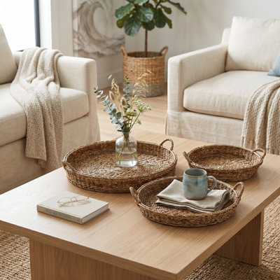 Plateau de panier décoratif naturel tissé - repose-pieds rond et table basse pour la décoration intérieure - ensemble décoratif de cuisine - ensemble de 3, 24 po, 31 po, 35 po, brun clair