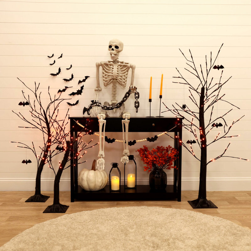 Set of 3 Black Halloween Trees with Orange LED Lights