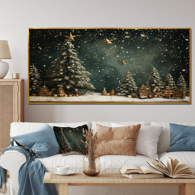 Décoration de sapin vert de Noël - Art mural sur toile de pin, Doré, H 28 po x l 60 po, Reproduction avec cadre flottant