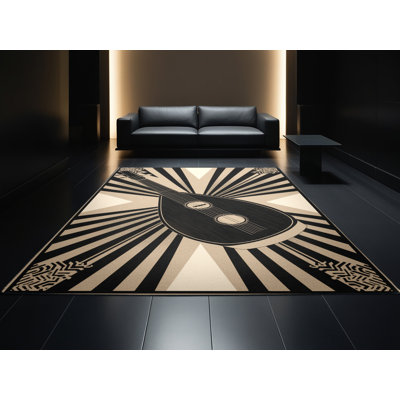 Tapis moelleux moelleux de style art déco Glenmore Shamisen en noir - reliure noire