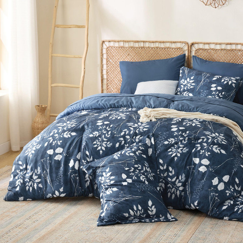 Bedsure Bed in a Bag - Reversible Flroal & Plant Pattern Printed with Comforters, Sheets, Pillowcases & Shams, 89GSM, Navy