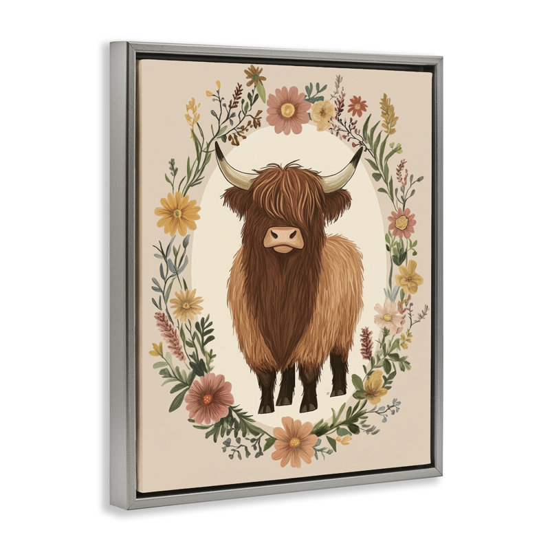 Cadre flottant Cutesy Floral Highland Cow, design par Petal Prints Design, Cadre flottant gris lustré, H 31 po x l 25 po