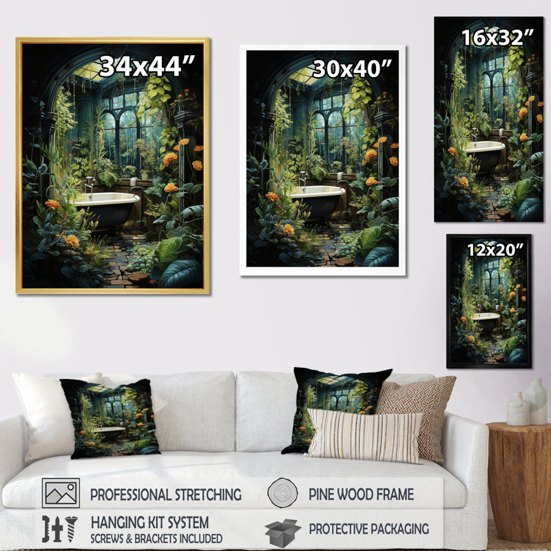 «Kyriel Bathroom Botanical Retreat I», reproduction sur toile encadrée, H 32 po x l 16 po x P 1 po, Cadre flottant noir