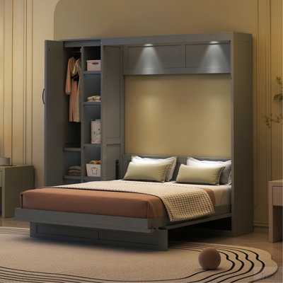 Lit escamotable double pleine grandeur avec tablettes, garde-robe et lumières DEL, gris