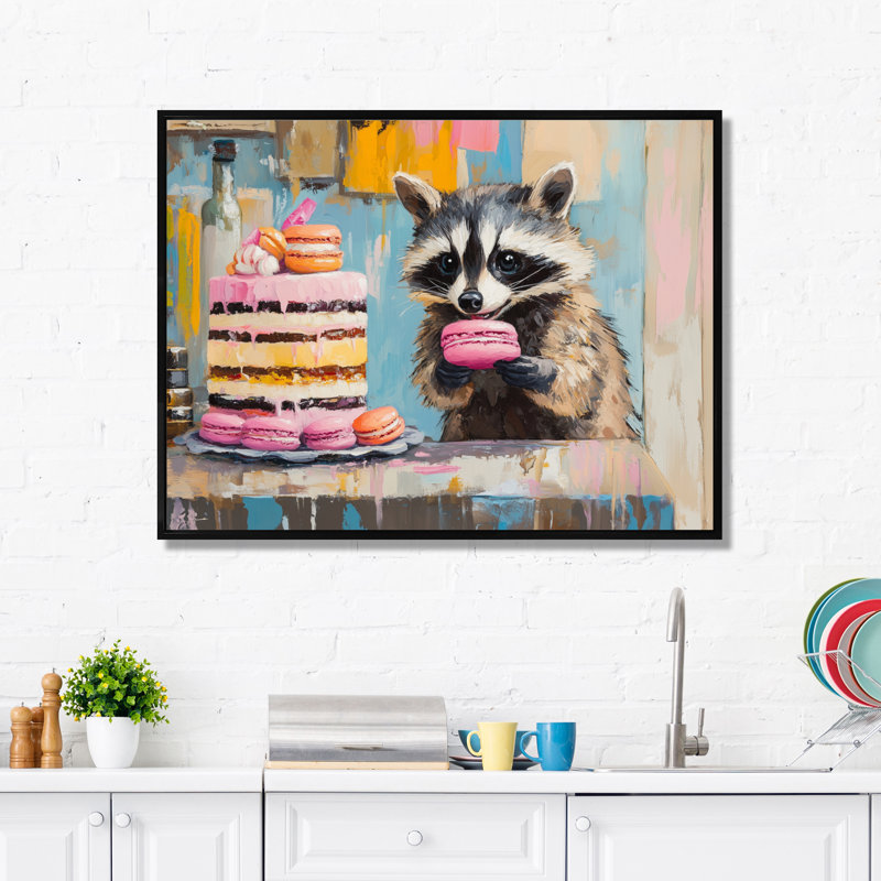 Sweet Macaron Bandit - Affiche encadrée Raton laveur, H 30 po x l 40 po, Cadre flottant noir