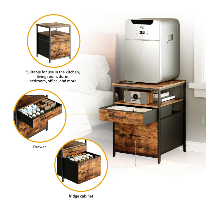Mini Fridge Stand With 3 Storage, Mini Fridge Cabinet, Beverage Fridge Table, Rustic Brown