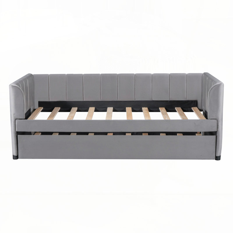 Nadwa Twin Size Upholstered Daybed with Ergonomic Design Backrest and Trundle, Gray