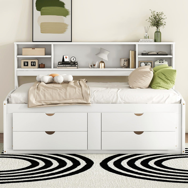 Lit de jour pleine grandeur en bois blanc avec 2 étagères de rangement de chevet, 4 tiroirs et une tablette supérieure, sophistiquée, permettant de gagner de l'espace, solide, moderne et économique