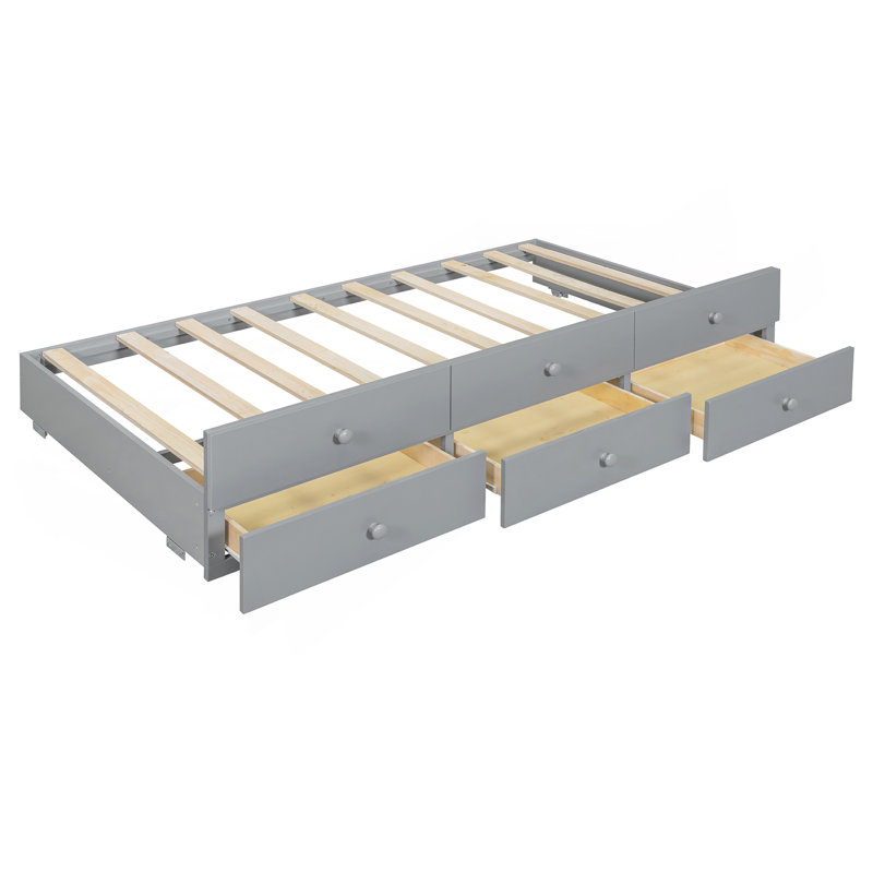 Lit de jour double avec lit gigogne simple et tiroirs, lit double, gris