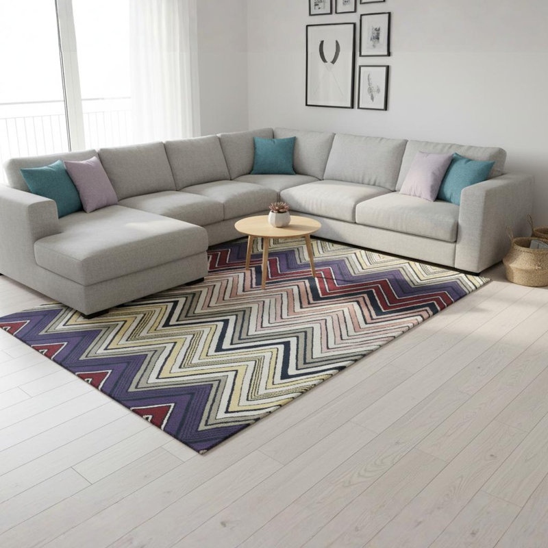 Tapis en laine touffeté à la main mauve, jaune, bourgogne, corail clair, gris, noir et crème Millwood Authentic