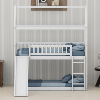 Bunk Bed Frame with Attached Slide and House-Shaped Bed Design