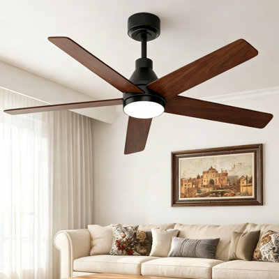 52" Ceiling Fan with Light Remote, 24W 3CCT LED Dimmable, 6-Speed Reversible DC Motor, Brown Wood Blades, Indoor Outdoor Living Room Bedroom