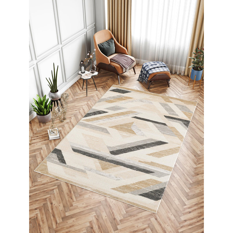 Tapis turc moderne à motif géométrique tissé à la machine en noir / beige / gris, Rectangulaire 8 pi x 10 pi