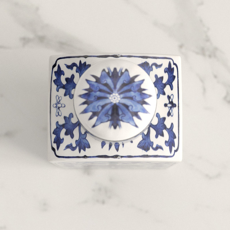 8” Rectangular Porcelain Jar with Blue and White Floral Design, Traditional Home Accent for Tabletop, Desk, Mantel, Storage, or Centerpiece Display