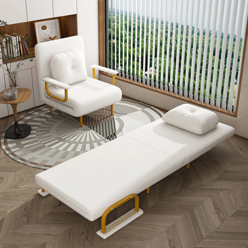 Fauteuil convertible 3-en-1 avec dossier réglable à 5 positions avec coussin et canapé-lit pliant, Naturel, Blanc