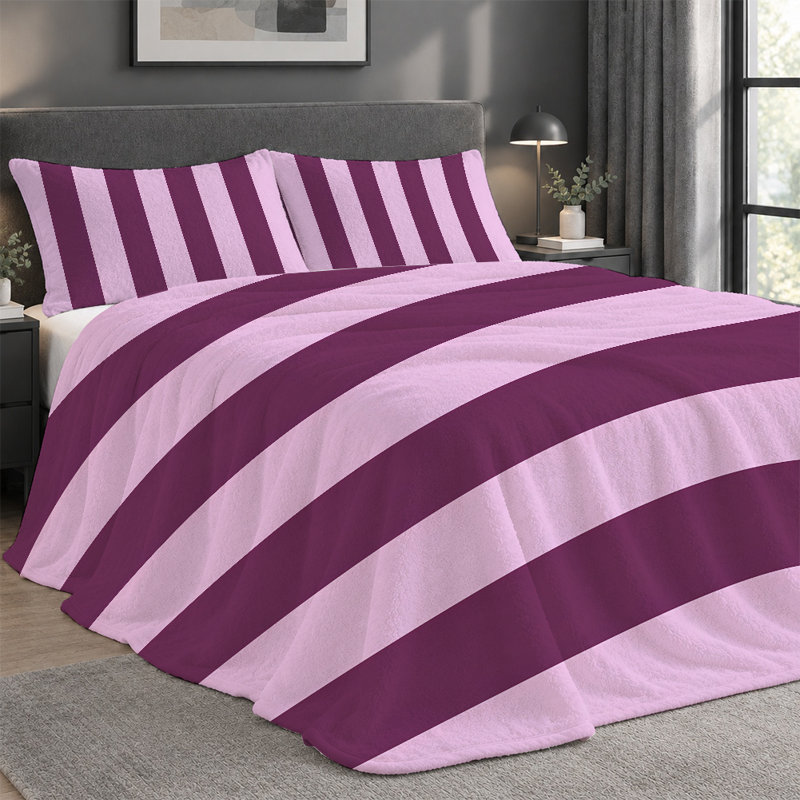 Premium Flannel Lightweight Blanket & 2 Pillow Shams Set with Purple & Pink Horizontal Stripe Bands, Ultra-Soft & Warm Cozy Bedding Set for All-Season, 60" x 80" Blanket + 2 Pillowcases Anti-Pilling & Machine Washable(Set of 3)
