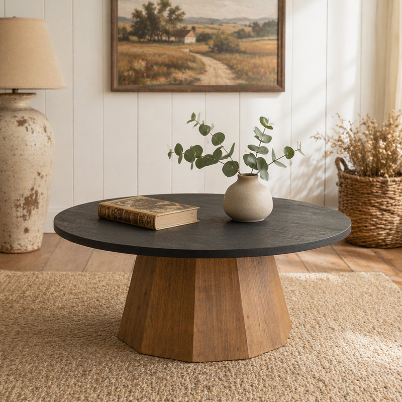 Table basse ronde en bois à piédestal robuste pour salon facile à assembler, H 12,4 po x l 35,04 po x P 35,04 po