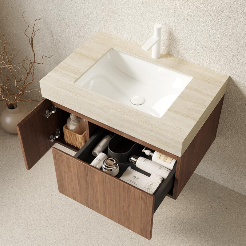 Valenza Modern Bathroom Vanity with Travertine-Pattern Sintered Stone Countertop and Ceramic Basin, Espresso