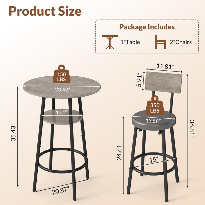 Ensemble de 3 tables de bar rondes noires pour 3 avec rangement, Gris, Gris