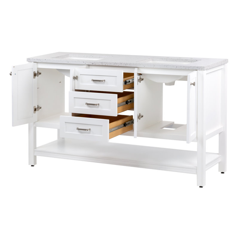 Nurtene 60'' Double Bathroom Vanity with Poly Marble Top, Silver Ash, White