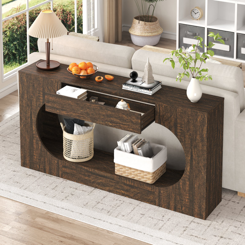 Console de vestibule moderne avec tiroir et cadre ovale étroit, Walnut