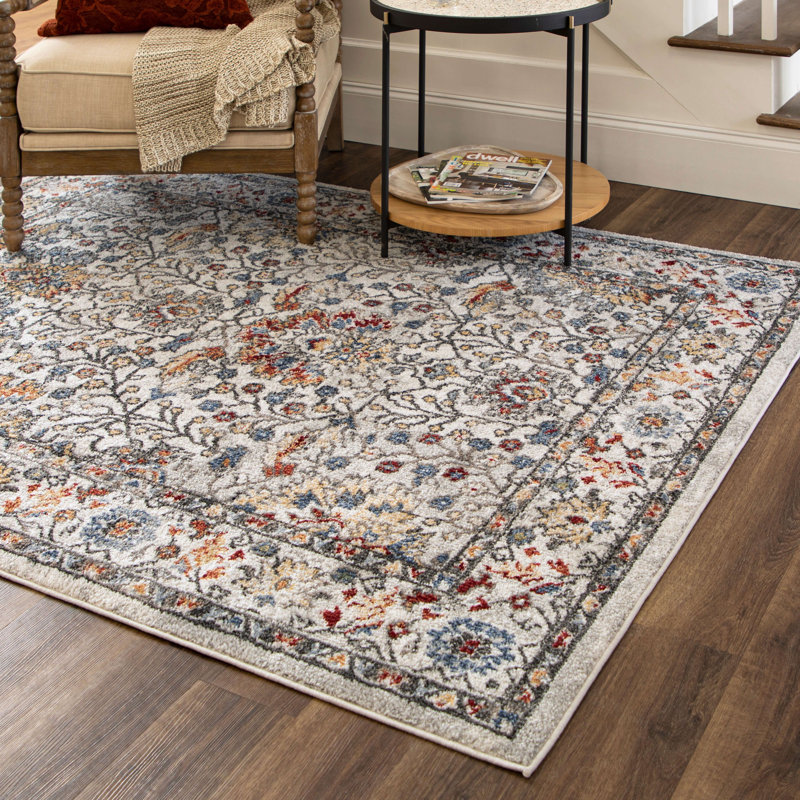Barwick Grey Floral Ornamental Area Rug, Rectangle 6' x 9'